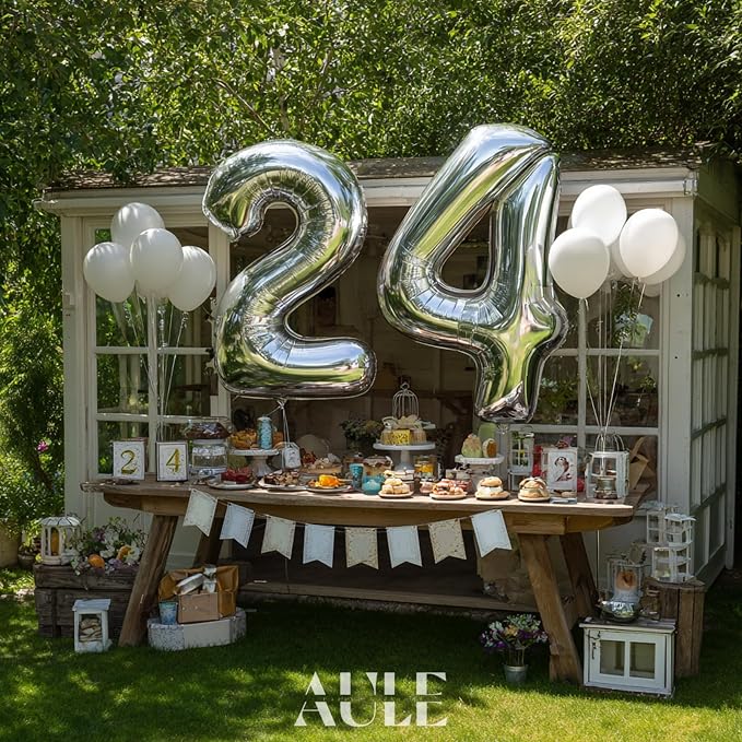 AULE 40 Inch Silver 24 Balloon Number Foil 0-9 Birthday Big Numbers | Birthday - Image 2