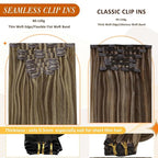 Full Shine Seamless Clip in Hair Extensions 12 Inch Dark Brown with Honey Blonde Highlights Real Human Hair Extensions for Short Hair 8PCS 95G