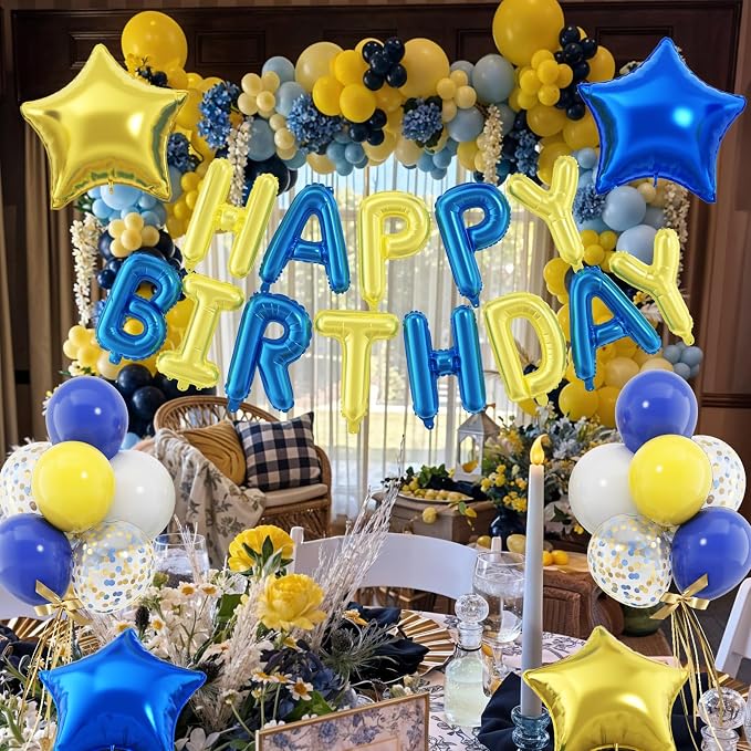 29PC Blue Yellow Happy Birthday Balloon Banner, 16 Inch 3D Aluminum Letter - Image 4