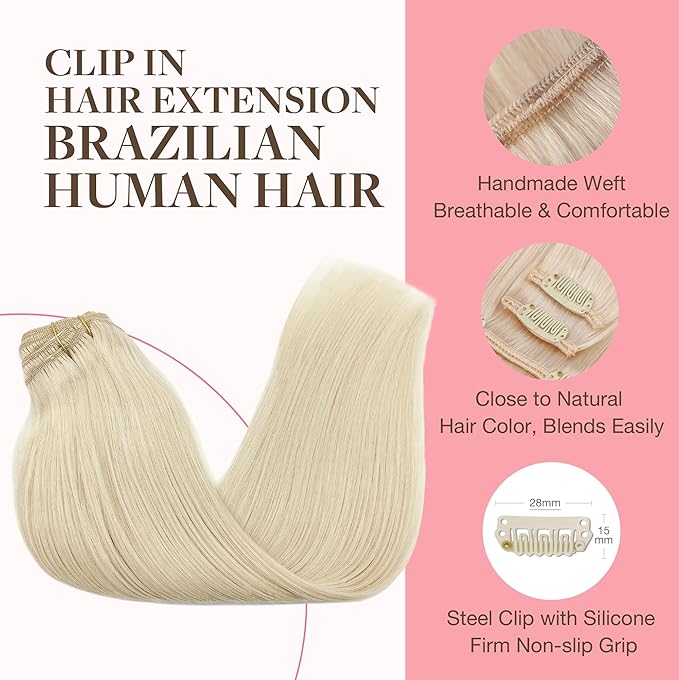 GOO GOO Clip in Hair Extensions Real Human Hair, Remy Human Hair Extensions Clip ins for Women, Natural Human Hair, 16inch 120g 7Pcs, 60A Platinum Blonde