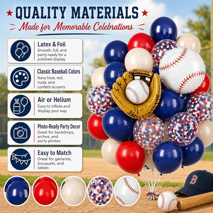 Baseball Balloons, 12 Inch Navy Blue Red Balloons, Nude Red Blue Confetti Latex - Image 3