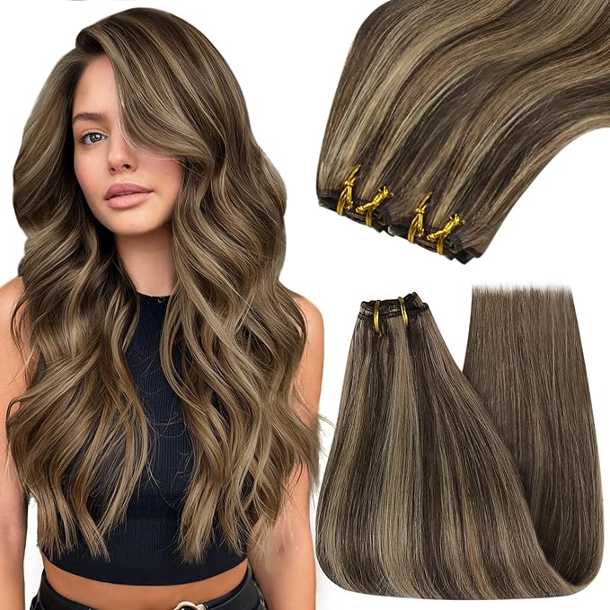 YoungSee Human Hair Weft Extensions Brown Highlight Sew in Hair Extensions Real Human Hair Dark Brown Mix Caramel Blonde Sew in Extensions Long Straight Hair 100G 24Inch