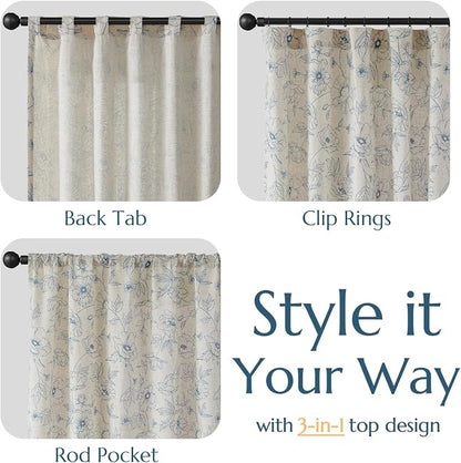 jinchan Floral Linen Curtains for Living Room 63 Inch Length Blue Flower - Image 5