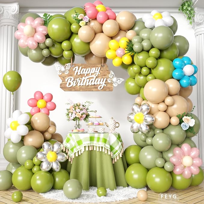 Daisy Flower Balloon Arch Kit, Spring Fairy Sage Green Nude Balloons Garland by FEYG