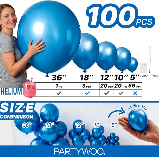PartyWoo Metallic Blue Balloons 100pcs Chrome Blue Color 36 18 12 10 5 Inch | - Image 6