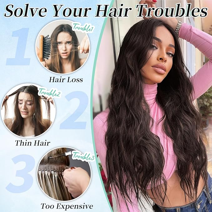 KooKaStyle Clip in Synthetic Hair Extensions Long Wavy 4PCS Thick Hairpieces Chocolate Brown 33Y# Fiber Double Weft Natural Hair Extensions 20 Inch for Women