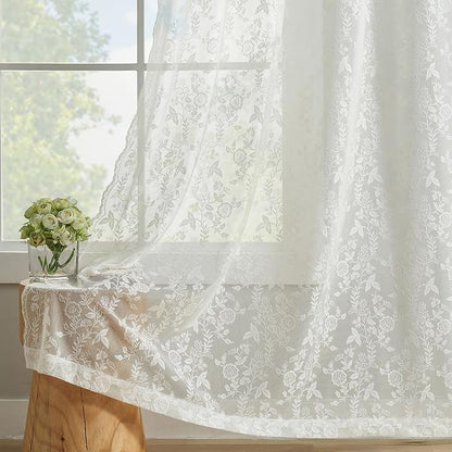 FINECITY Short Ivory Floral Lace Kitchen Curtains W42xL36 Inch, 2 Panels | Rod - Image 7