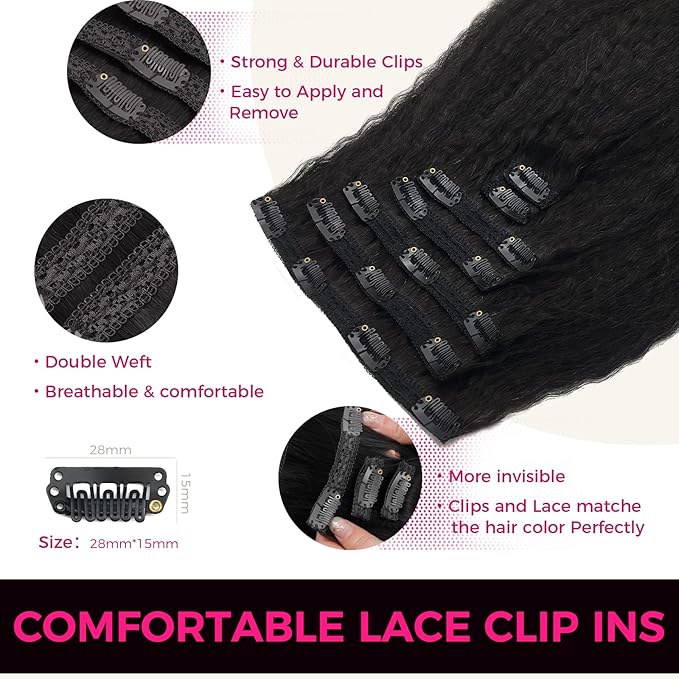 Lashey Clip in Hair Extensions, Kinky Straight 16 Inch 7pcs 120g #1B Natural Black Remy Human Hair Extensions Natural Thick Clip in Hair Extensions for Black Women