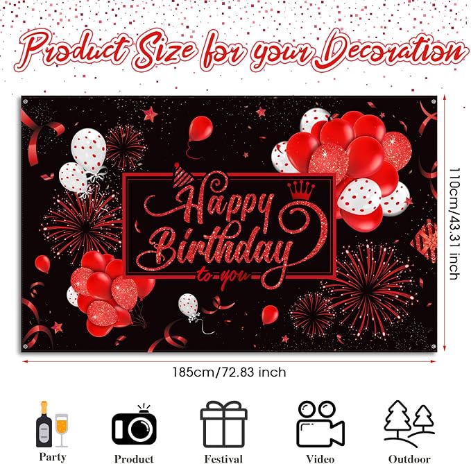 Blulu Happy Birthday Backdrop Banner Sign Poster Large Fabric Glitter Balloon - Image 2