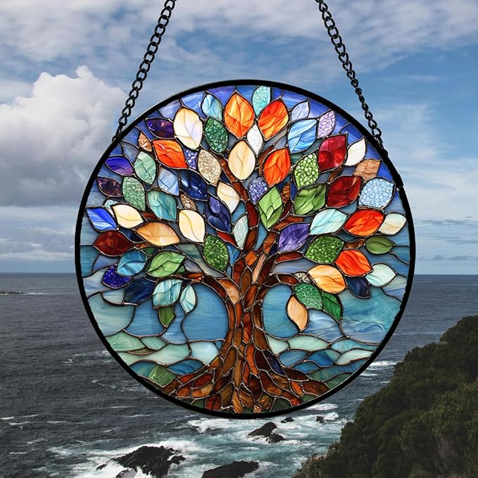 DASTOLL Stained Glass Window Hanging, Colorful Tree of Life Sun Catchers Glass - Image 2