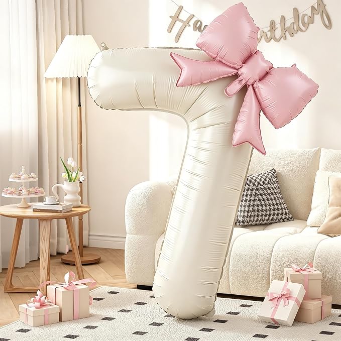 40 Inch Cream Number 7 with Pink Bow Balloons, Giant Self Inflating Beige Cream by KYGNE