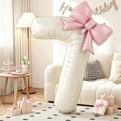 40 Inch Cream Number 7 with Pink Bow Balloons, Giant Self Inflating Beige Cream by KYGNE