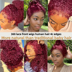 Burgundy Wig Human Hair Hidden Strap 99j Burgundy 360 Full Lace Front Wigs Human Hair Invisible Strap Pre Plucked Bleached Konts Deep Wave Lace Frontal Wig with Drawstring Curly Glueless Wigs(20inch)