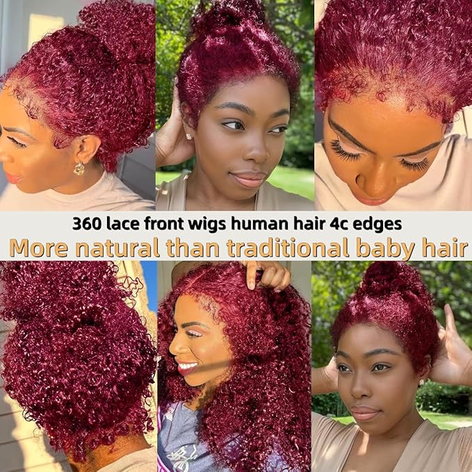 Burgundy Wig Human Hair Hidden Strap 99j Burgundy 360 Full Lace Front Wigs Human Hair Invisible Strap Pre Plucked Bleached Konts Deep Wave Lace Frontal Wig with Drawstring Curly Glueless Wigs(20inch)