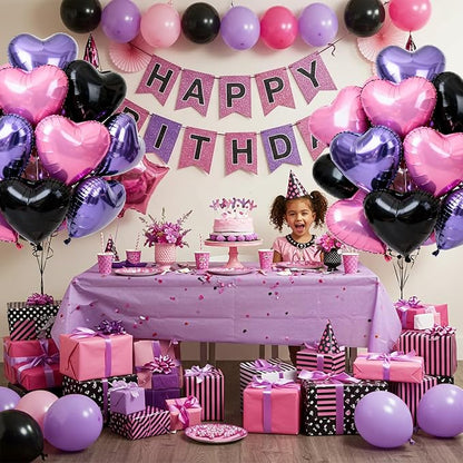 TONIFUL 15 Pcs 18 Inch Pink Black Purple Heart Shape Foil Mylar Balloons | - Image 4