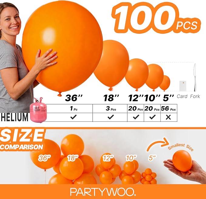 PartyWoo Orange Balloons 100pcs Matte Orange Color 36 18 12 10 5 Inch | Balloons - Image 7