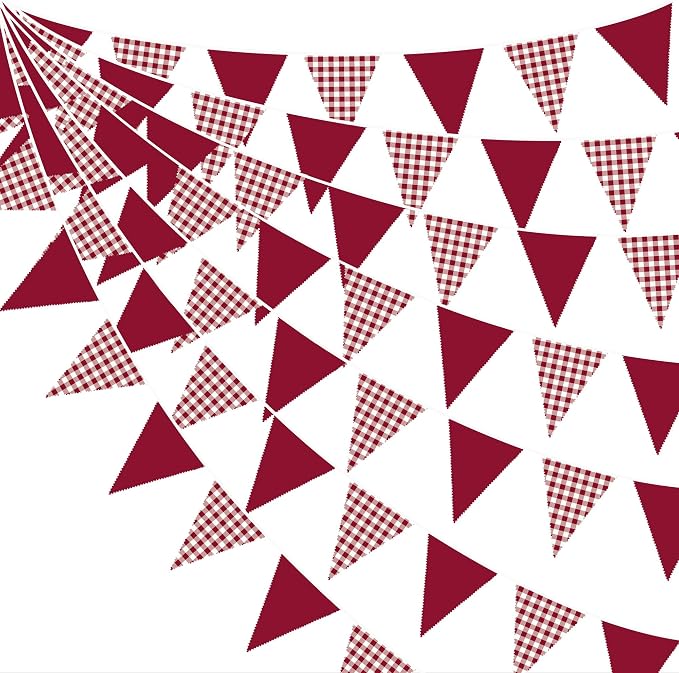 32Ft Burgundy Party Decorations Burgundy Gingham Plaid Checkered Triangle Flag by pinkblume