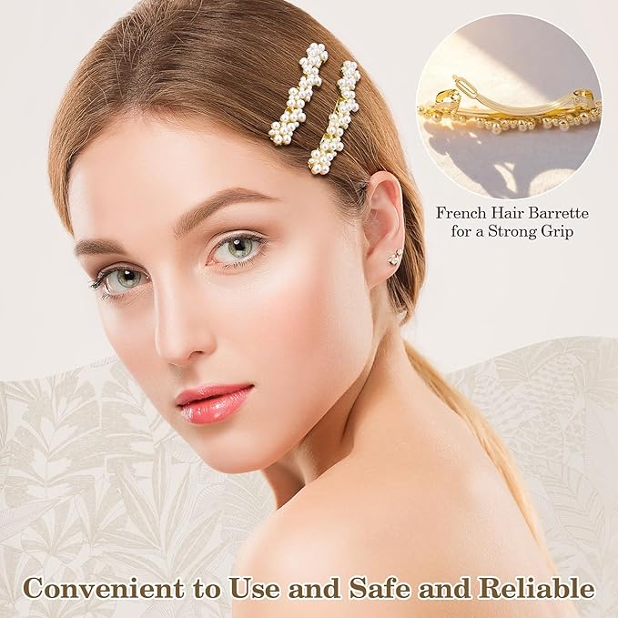2 Pcs Pearl Hair Clip, Gold Hair Barrettes, Elegant Pearl Barrette, Small Decorative Pearls Hair Clips for Women Thick Thin Hair Party Wedding (Gold)