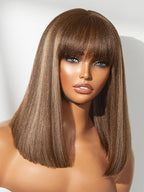LUVME HAIR 14Inch Ash Blonde Highlights Yaki Blunt Cut Bob Wig with Bangs Glueless Minimalist Lace Short Wig Breathable Cap