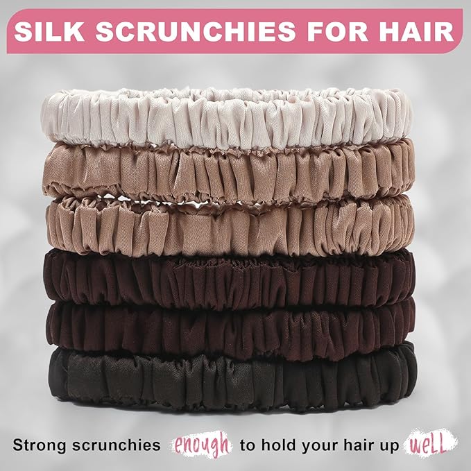 6Pcs Silk Hair Ties Small 22 Momme 100% Pure Mulberry Silk Scrunchies for Women Girls Thin Skinny Hair Sleep Scrunchies No Damage(Color 03)
