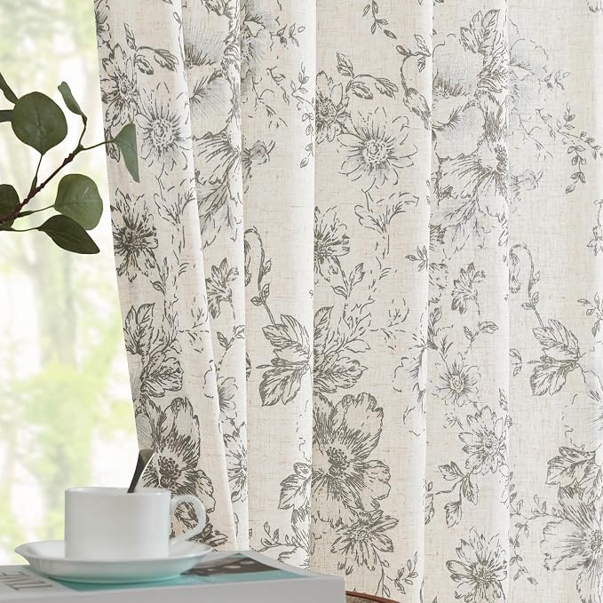 jinchan Grey Floral Linen Curtains 90 Inch Vintage Back Tab 2 Panels | Light - Image 2