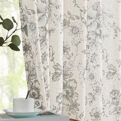 jinchan Grey Floral Linen Curtains 90 Inch Vintage Back Tab 2 Panels | Light - Image 2