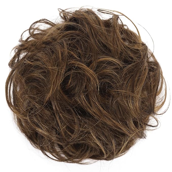 FESHFEN Human Messy Buns - 100% Human Hair Bun Real Scrunchies Hair Pieces Ponytail Extensions Wavy Tousled Updo Chignon Hairpieces for Women，Dark Brown Mixed Blonde