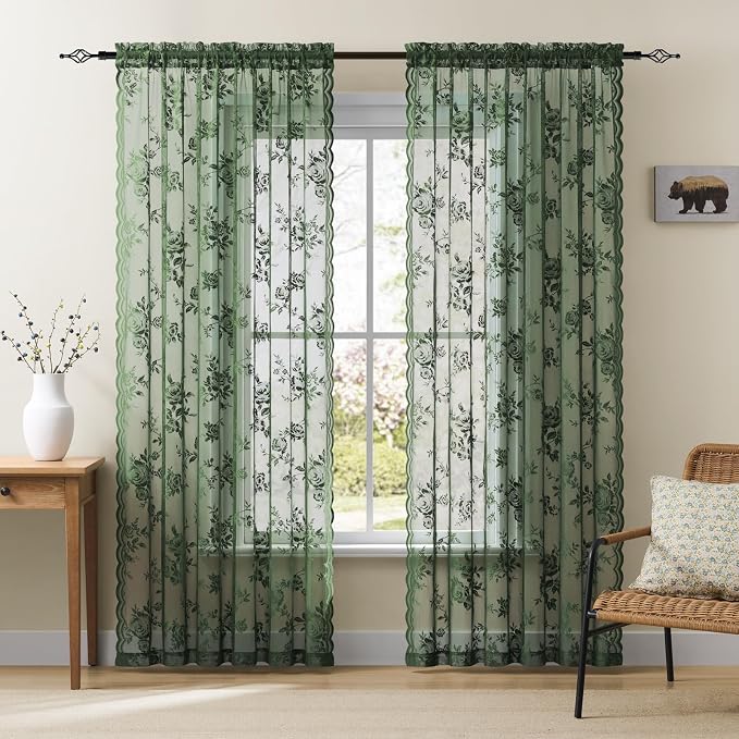 Dark Green Lace Curtains 63 Inch Length 2 Panels Set Country Floral Sheer - Image 2