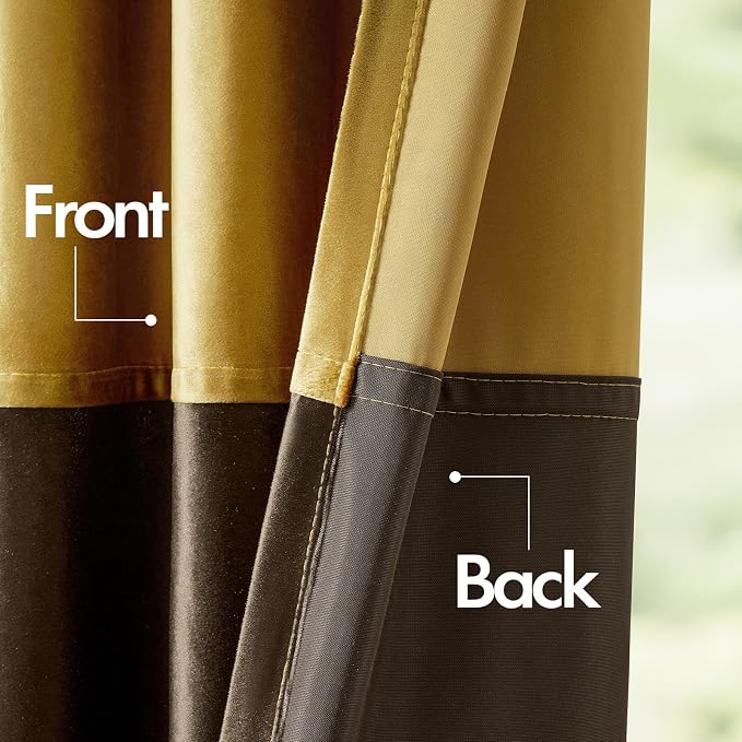 Gold Brown Velvet Blackout Curtains Luxury Decor 84 inches, Color Block | - Image 4