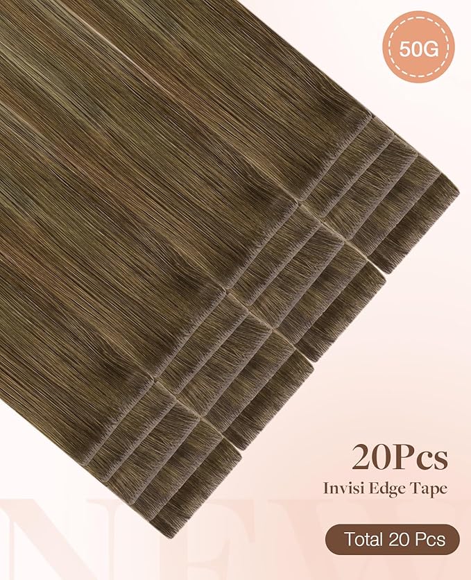 GOO GOO Invisi Edge Tape in Hair Extensions Human Hair, 3/8/613 Walnut Brown to Ash Brown and Bleach Blonde 20pcs 20inch 50g, Virgin Remy Hair, Seamless Injected Tape, Natural Look