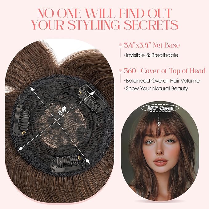 Hairro Mono Hair Toppers with Bangs, 3.4" x 3.4" Mono Base 100% Real Human Hairpieces for Women, 150% Density Clips In Topper for Greyish Thinning Hair, 20 Inch Dark Brown