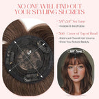 Hairro Mono Hair Toppers with Bangs, 3.4" x 3.4" Mono Base 100% Real Human Hairpieces for Women, 150% Density Clips In Topper for Greyish Thinning Hair, 16 Inch Dark Brown