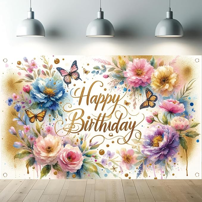 Floral Birthday Backdrop for Girls Spring Butterfly Happy Birthday Photography by StarlitPatio