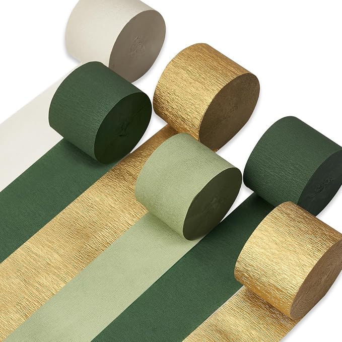 PartyWoo Sage Green Gold Sand White Crepe Paper Streamers 6 Rolls 492 FT | by PartyWoo
