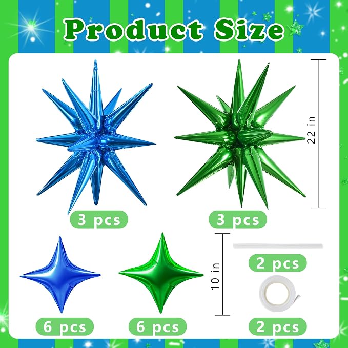TONIFUL 18Pcs 22Inch Blue Green Large Explosion Star Mylar Balloons and 10Inch - Image 2
