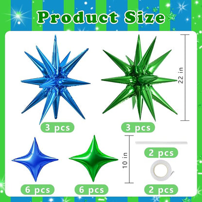 TONIFUL 18Pcs 22Inch Blue Green Large Explosion Star Mylar Balloons and 10Inch - Image 2