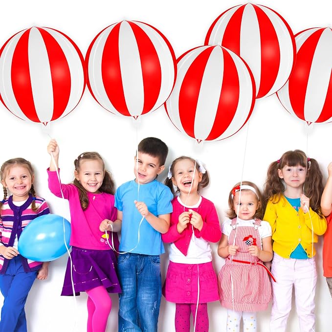 Red and White Striped Balloons, 22 Inch Metallic Circus Foil Balloons - Image 4