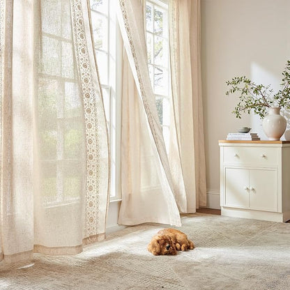 jinchan Floral Linen Curtains Embroidered Back Tab 50x84in 4 Panels Ivory | - Image 2
