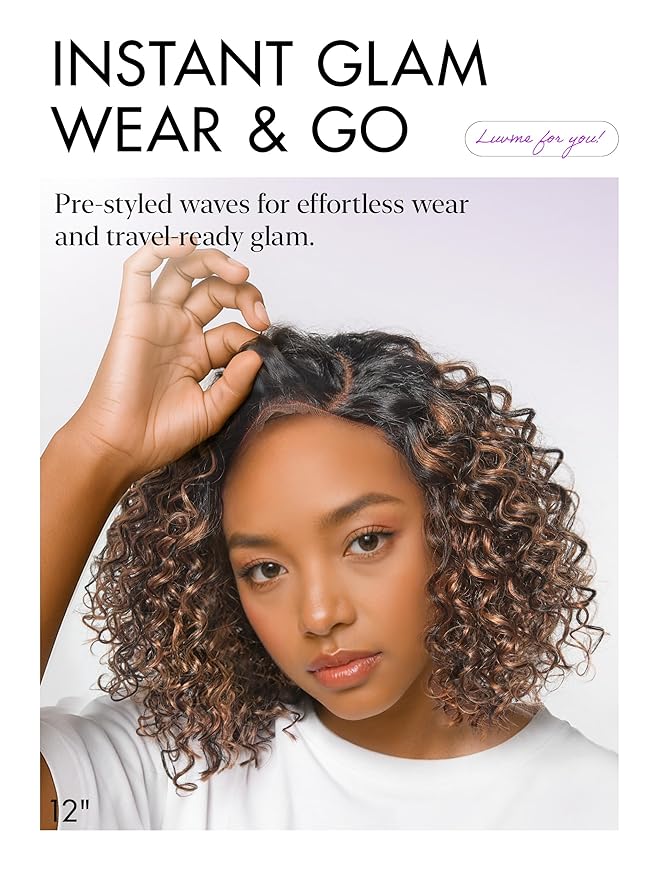 LUVME HAIR 100% Human Hair Wigs Curly Deep Wave Glueless Lace Front 12 Inches Pre Cut Plucked Hd Lace Short Wig Ready To Go Highlight Color Straight Bleached Knots Side Part Black Wigs