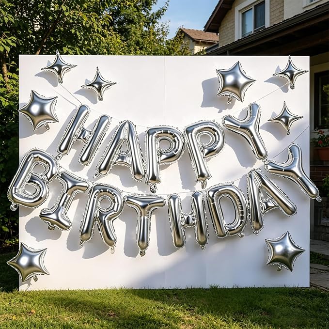 Silver Happy Birthday Balloons Banner 16 Inch Mylar Foil Letters, 10 Inch Five - Image 5