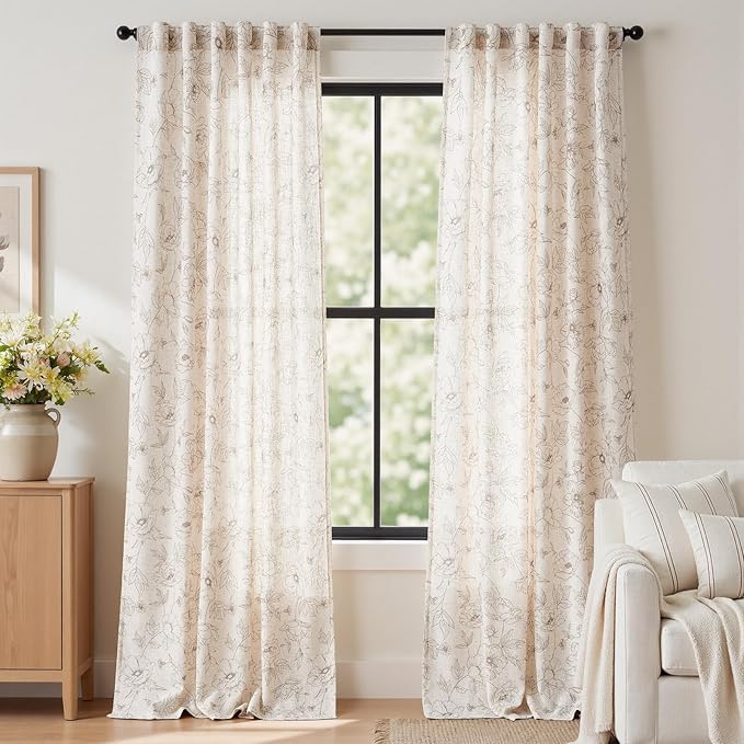 jinchan Floral Linen Curtains for Living Room 96 Inch Length Taupe Flower by JINCHAN