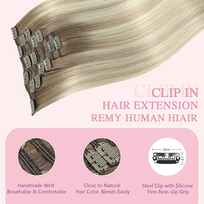 PINKPEARL Clip in Hair Extensions Real Human Hair, 22 Inch 120g 7pcs Human Hair Extensions Clip In, #8/60/18 Balayage Ash Brown to Platinum Blonde and Ash Blonde(#8/60/18-22)