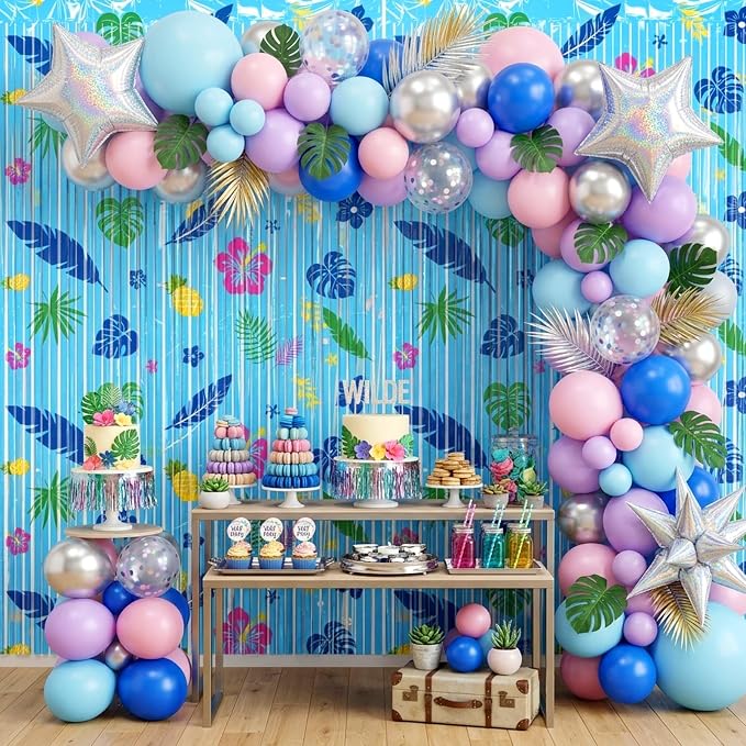 2 Packs Blue Foil Fringe Curtain, Hawaiian Element Pattern Metallic Tinsel - Image 5
