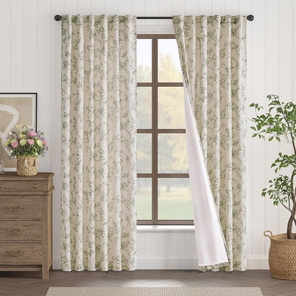 Green Floral Linen Lined Curtains Rod Pocket 50W X 90L 2 Panels | Charlotte - Image 2