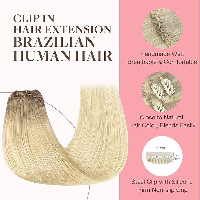 GOO GOO Clip in Hair Extensions Real Human Hair, Remy Human Hair Extensions Clip ins for Women, Natural Human Hair, 16inch 120g 7Pcs, #R7/60F