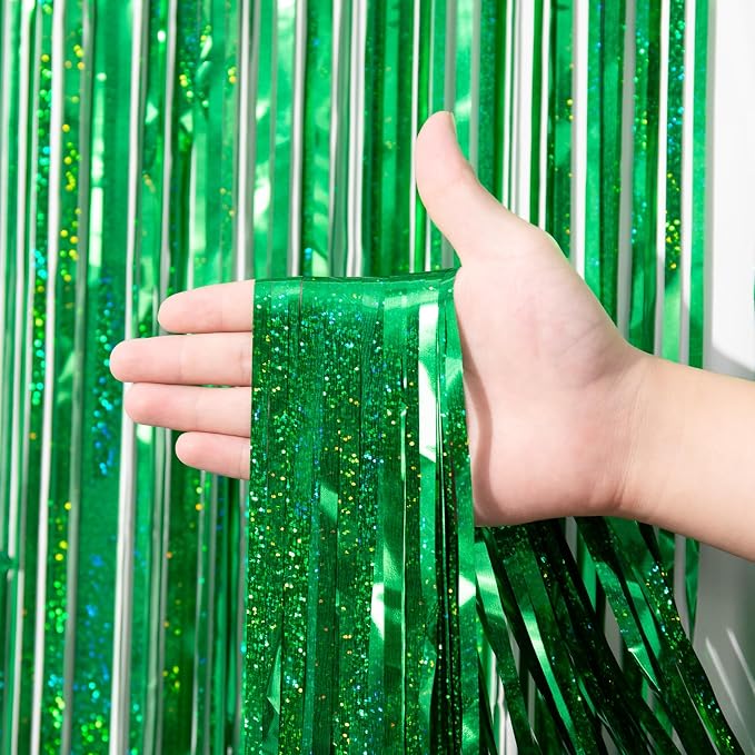 Voircoloria Laser Green Foil Fringe Backdrop Curtains, 3 Pack | Tinsel Streamers - Image 2