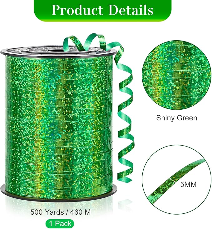 Green Curling Ribbon, 500 Yards, 1/5 Inch | Shiny, - Image 2