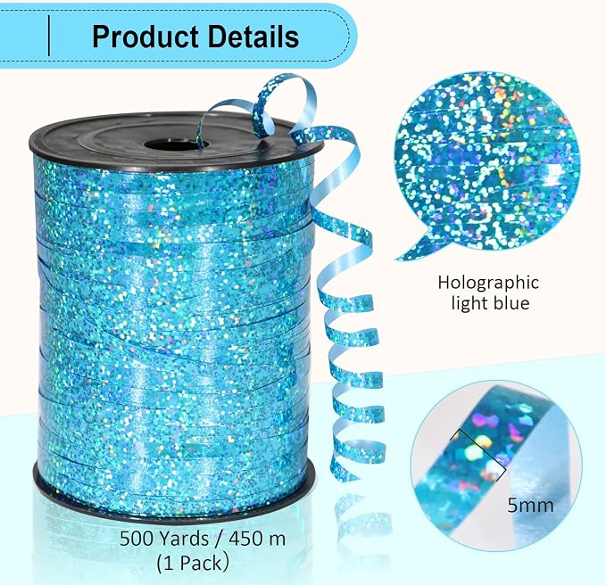 Light Blue Metallic Holographic Curling Ribbon, 500 Yard Teal Blue, Baby Showers - Image 5