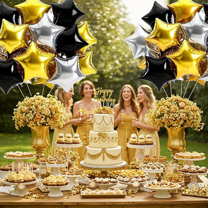 TONIFUL 15 Pcs Star Balloons 18 Inch Large Black Gold Silver Foil Balloons | - Image 4