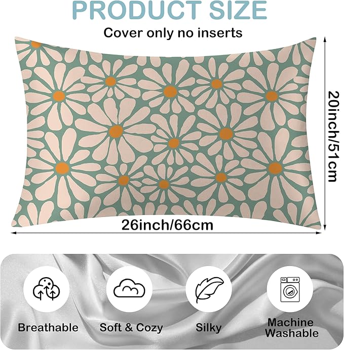 Satin Pillowcase 1 Pack-Boho Daisy Flowers Floral Groovy Retro Silky Pillow Cover for Hair and Skin,Standard Size 20x26 Inch Soft Cooling Printed Pillow Cases with Hidden Zipper,Gifts for Women Men